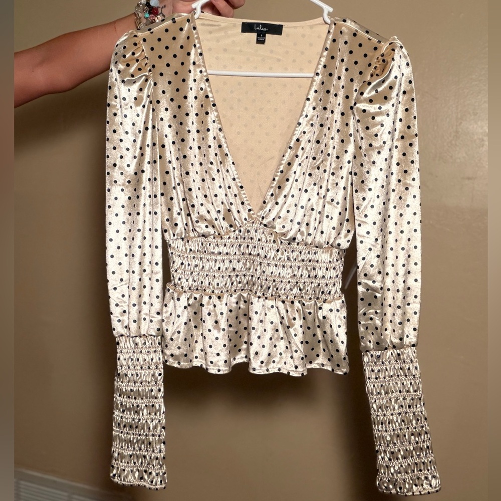 Lulu's Cream and Black Polka Dot Velvet Smocked Blouse